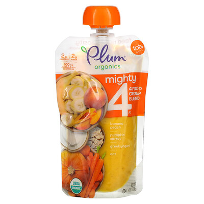 Plum Organics Mighty 4 4 Food Group Blend Tots Banana Peach Pumpkin Carrot Greek Yogurt Oat 4 oz (113 g)