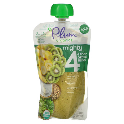 

Plum Organics Mighty 4, 4 Food Group Blend, смесь для малышей, банан, киви, шпинат, греческий йогурт, ячмень, 113 г (4 унции)
