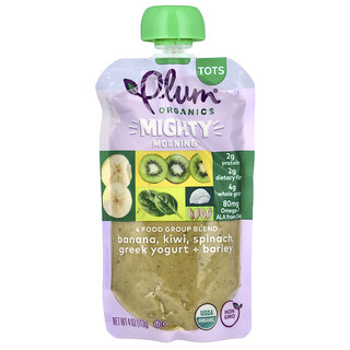 Plum Organics, Mighty Morning, Mélange de 4 groupes d'aliments, Tots, banane, kiwi, épinard, yaourt grec + orge, 113 g