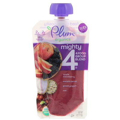 Plum Organics Tots, Mighty 4, 4 Food Group Blend, Apple, Blackberry, Purple Carrot, Greek Yogurt, Oat, 4 oz (113 g)