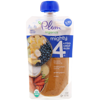 Plum Organics Tots, Mighty 4, 4 Food Group Blend, Banana, Blueberry, Sweet Potato, Carrot, Greek Yogurt, Millet, 4 oz (113 g)