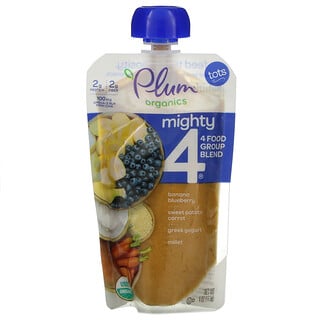 Plum Organics, Mighty 4, 4 Food Group Blend, Tots, Banana, Blueberry, Sweet Potato, Carrot, Greek Yogurt, Millet, 4 oz (113 g)