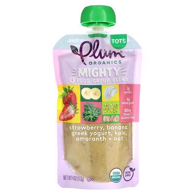 Plum Organics  Mighty Food Group Blend  Tots  Strawberry  Banana  Greek Yogurt  Kale  Amaranth  Oat  4 oz (113 g)