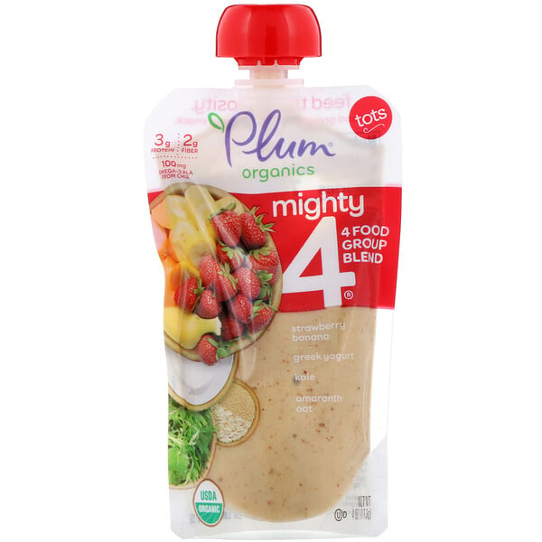 Plum Organics, Mighty 4, для детей, питательная смесь 4 групп продуктов, клубника, банан, капуста, греческий йогурт, овес и амарант, 4 унции (113 г)