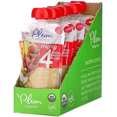 

Plum Organics Mighty 4, 4 Food Group Blend, Tots, Strawberry, Banana, Greek Yogurt, Kale, Amaranth, Oat, 6 Pouches, 4 oz (113 g) Each