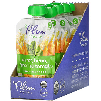 Plum Organics Organic Baby Food, 6 Months & Up, Carrot, Bean, Spinach & Tomato, 6 Pouches, 3.5 oz (99 g) Each