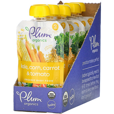 Plum Organics Organic Baby Food, 6 Months & Up, Kale, Corn, Carrot & Tomato, 6 Pouches, 3.5 oz (99 g) Each