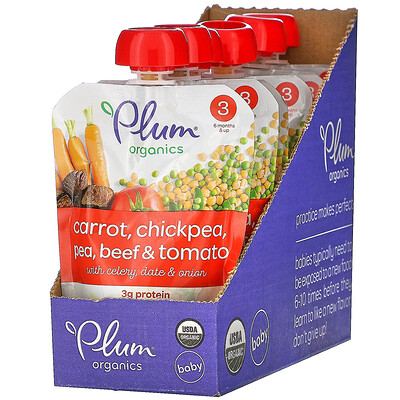 Plum Organics Organic Baby Food, 6 Months & Up, Carrot, Chickpea, Pea, Beef & Tomato, 6 Pouches,4 oz (113 g) Each