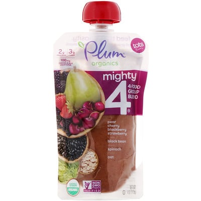 Plum Organics Tots, Mighty 4, 4 Food Group Blend, Pear, Cherry, Blackberry, Strawberry, Black Bean, Spinach, Oat, 4 oz (113 g)