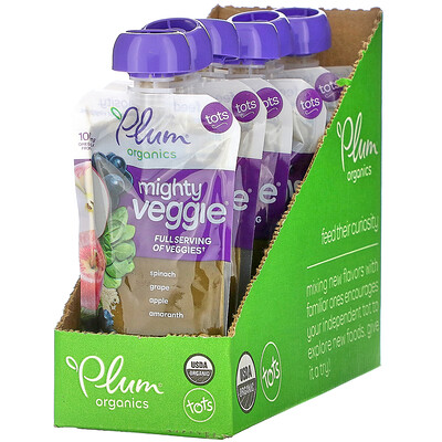 Plum Organics Mighty Veggie, Spinach, Grape, Apple, Amaranth, 6 Pouches, 4 oz (113 g) Each