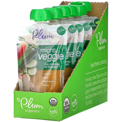 

Plum Organics Mighty Veggie, Tots, Zucchini, Apple, Watermelon, Barley, 6 Pouches, 4 oz (113 g) Each