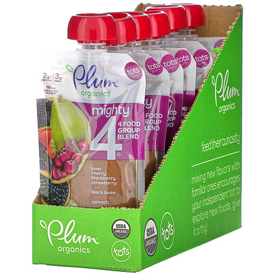 

Plum Organics Mighty 4, 4 Food Group Blend, Tots, Pear, Cherry, Blackberry, Strawberry, Black Bean, Spinach, Oat, 6 Pouches, 4 oz (113 g) Each