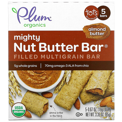 Plum Organics Mighty Nut Butter Bar, Tots 15 Months & Up, Almond Butter, 5 Bars, 0.67 oz (19 g) Each