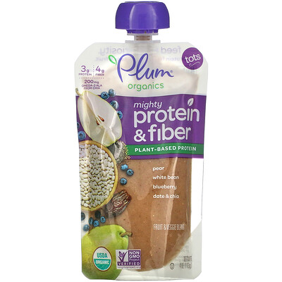 Plum Organics Mighty Protein & Fiber, Tots, Pear, White Bean, Blueberry, Date & Chia, 4 oz (113 g)