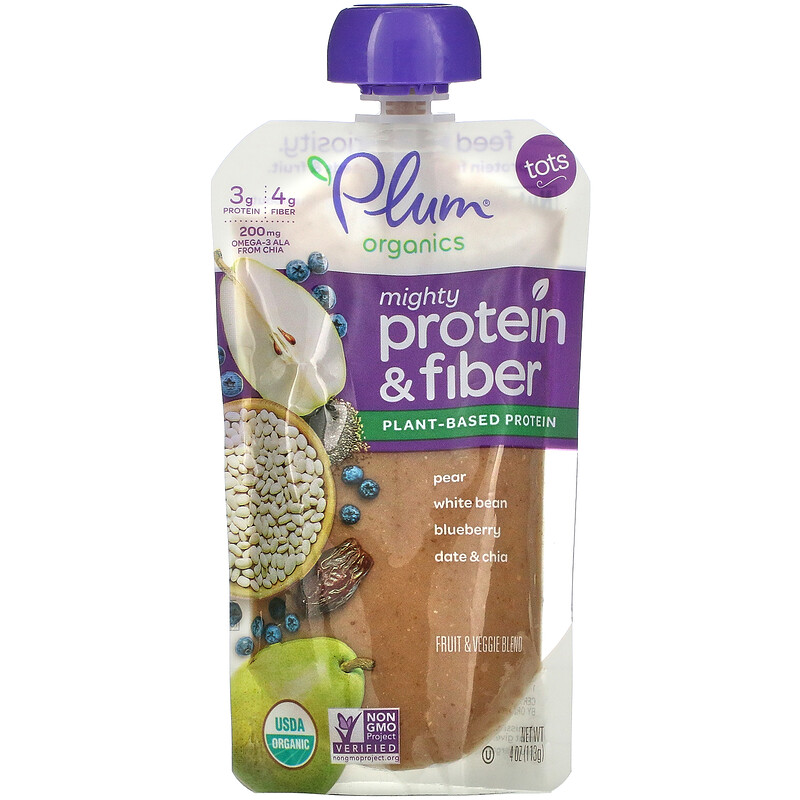 Plum Organics, Mighty Protein & Fiber, Tots, Pear, White Bean, Blueberry, Date & Chia, 4 oz (113