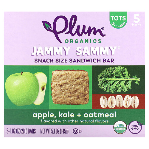 Plum Organics, Jammy Sammy, Sandwich-Riegel in Snackgröße, ab 15 Monaten, Apfel, Grünkohl + Haferflocken, 5 Riegel, je 29 g (1,02 oz.)