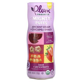 Plum Organics, Mighty Puffs, Bocadillo de cereales ancestrales y garbanzos, Bebés, Remolacha y fresa`` 52 g (1,85 oz)