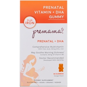 Premama, Дородовый витамин + желатинка с ДГК, плюс железо, апельсин, 84 желатинок