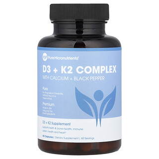 بيور مايكرو نيوترينتس‏, مكمّل D3 + K2 Complex بالكالسيوم + الفلفل الأسود، 60 كبسولة