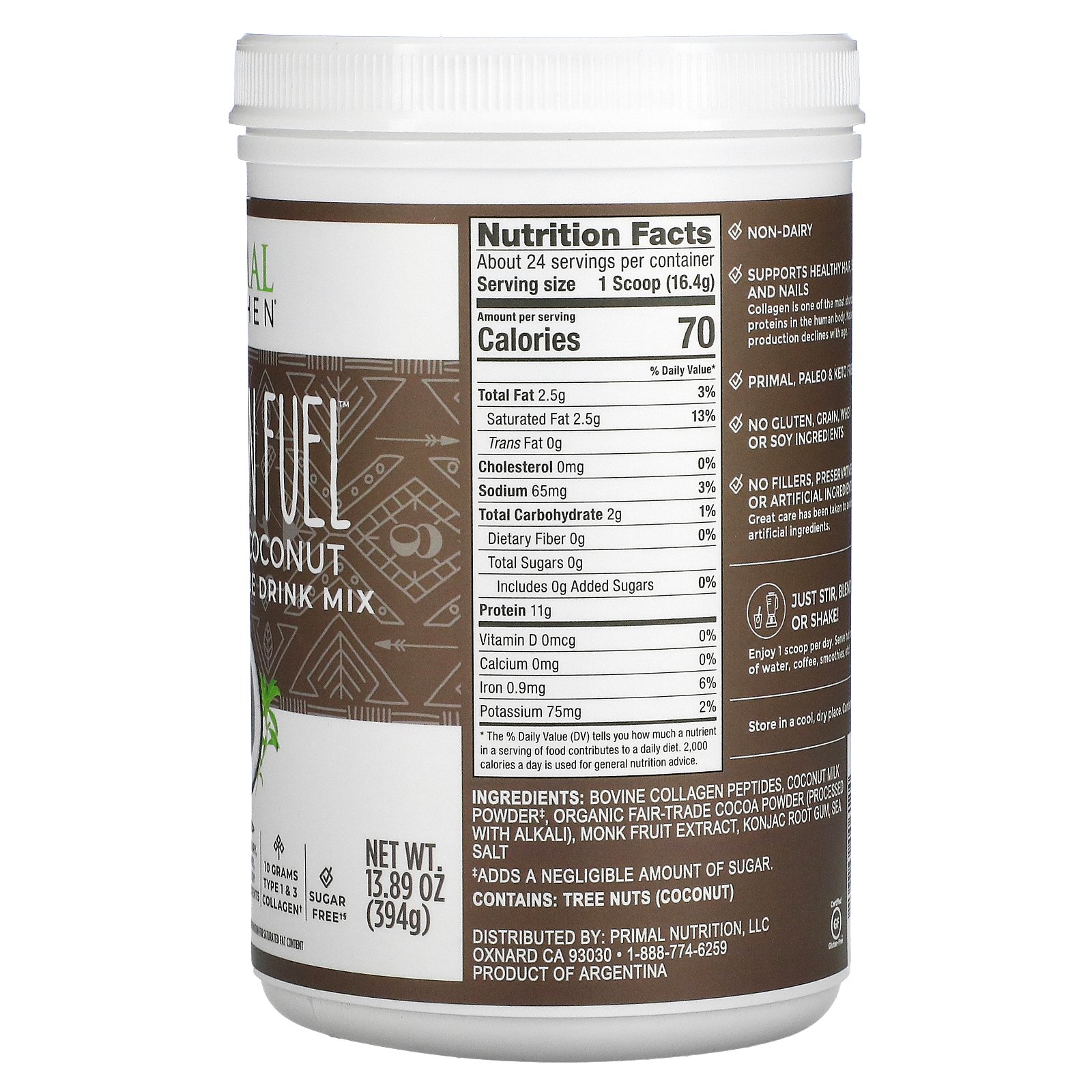 Primal Kitchen Collagen Fuel Chocolate Coconut 13 89 Oz 394 G   44 