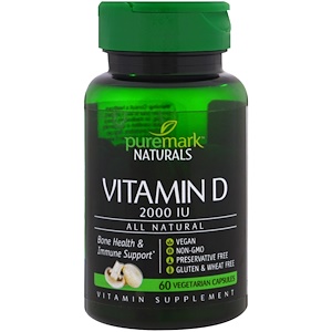 PureMark Naturals, Витамин D, 2000 МЕ, 60 вегетарианских капсул