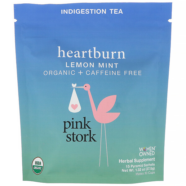 Pink Stork, Heartburn, Indigestion Tea, Lemon Mint, Caffeine Free, 15