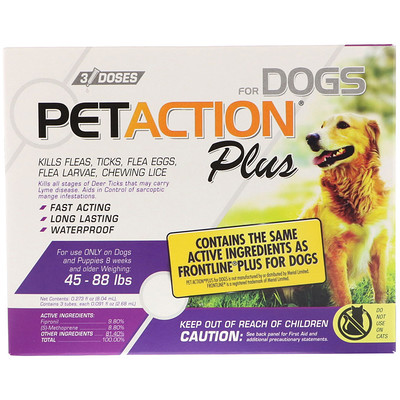PetAction Plus For Dogs, 45-88 lbs, 3 Doses - 0.091 fl oz (2.68 ml) Each