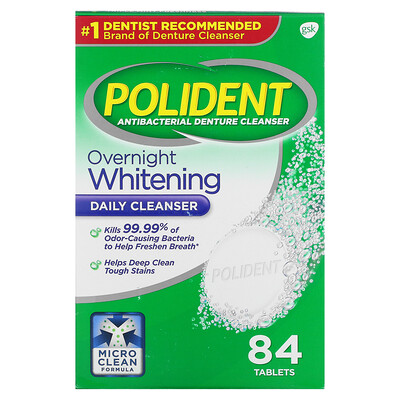 Купить Polident Антибактериальное средство для очищения зубных протезов, ежедневное отбеливающее средство, тройная мята, 84 таблетки