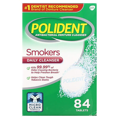 Polident Антибактериальное средство для очищения зубных протезов, ежедневное очищающее средство для курильщиков, 84 таблетки