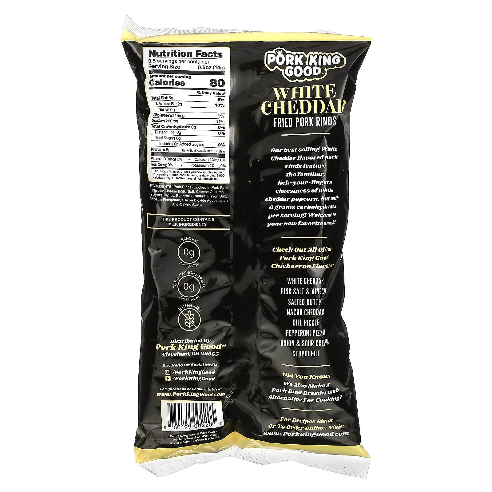 Pork King Good, Flavored Chicharrones, White Cheddar, 1.75 oz (49.5 g)
