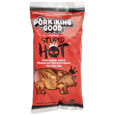 Pork King Good, Chicharrones con sabor, Estúpidos picantes, Extremadamente especiados`` 49,5 g (1,75 oz)