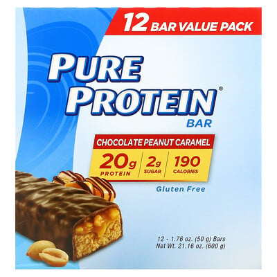 Pure Protein протеиновый батончик, шоколад с арахисом и карамелью, 12 батончиков по 50 г (1,76 унции)