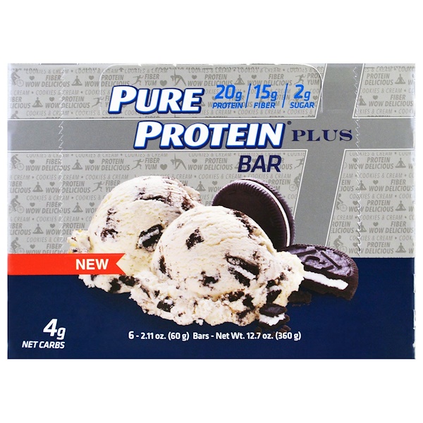 Pure Protein, Plus Bar, Cookies & Cream, 6 Bars, 2.11 oz (60 g) Each iHerb
