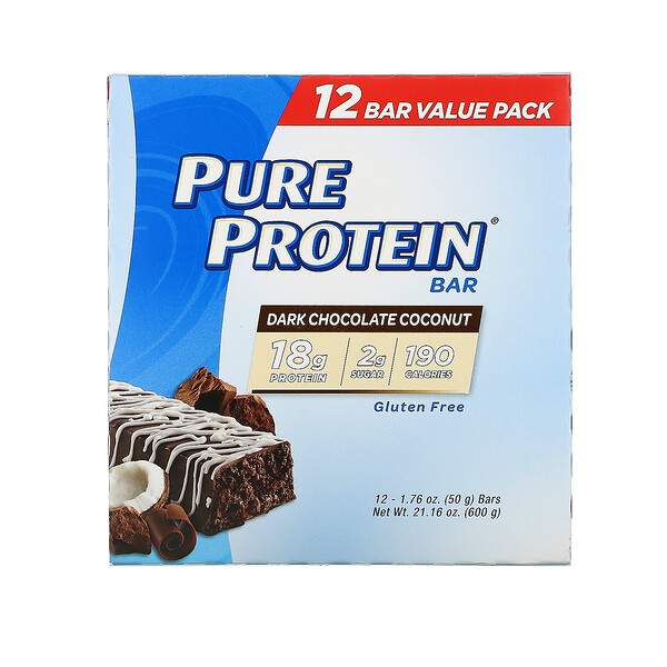 Pure Protein‏, חטיף שוקולד מריר וקוקוס, 12 חטיפים, 50 גרם (1.76 אונקיות) כל אחד