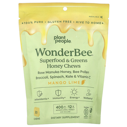 Plant People, WonderBee®, Superfood & Greens Honey Chews, Honig-Kau-Snack mit Superfoods und Gemüse, Mango-Limette, 30 Kau-Snacks