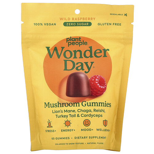Plant People, WonderDay®, Mushroom Gummies, Wild Raspberry, 60 Gummies