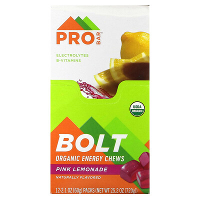 ProBar  Bolt  Organic Energy Chews  Pink Lemonade  12 Packs  2.1 oz (60 g) Each