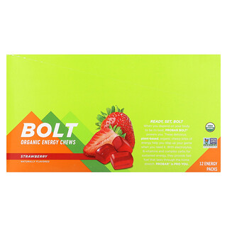 بروبار‏, Bolt ، قطع مضغ عضوية بالطاقة ، فراولة ، 12 كيسًا ، 2.1 أونصة (60 جم) لكل كيس