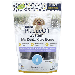 ProDen, PlaqueOff System™, Mini Dental Care Bones, kleine Zahnpflegeknochen, für kleine Hunde und Spielzeughunde, pflanzliche Fusion und Heidelbeere, 20 Knochen, 340 g (12 oz.)