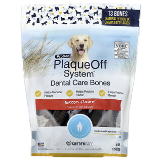 ProDen, PlaqueOff System™, Dental Care Bones, Zahnpflegeknochen, für mittelgroße und große Hunde, Bacon, 13 Knochen, 482 g (17 oz.)