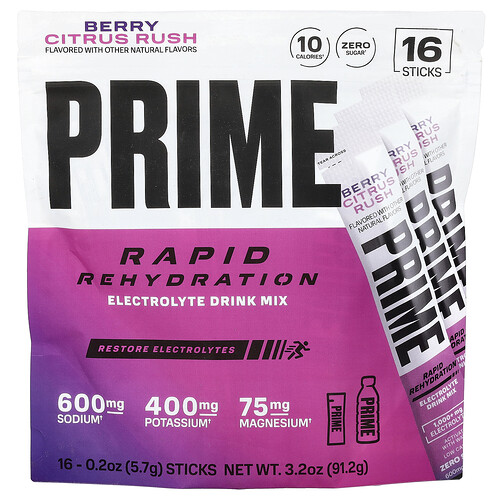Prime Hydration Rapid Rehydration, Electrolyte Drink Mix, Berry Citrus Rush, 16 Sticks, 0.2 oz (5.7 g) Each