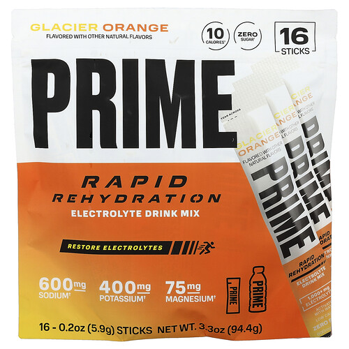 Prime Hydration Rapid Rehydration, Electrolyte Drink Mix, Glacier Orange, 16 Sticks, 0.2 oz (5.9 g) Each