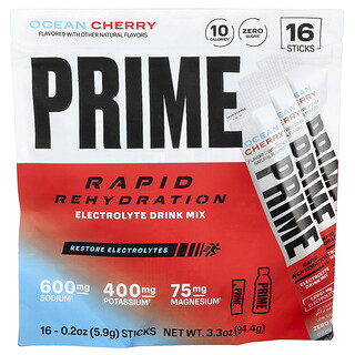Prime Hydration, Rehidratación rápida, Mezcla para preparar bebidas con electrolitos, Cereza oceánica, 16 sobrecitos, 5,9 g (0,2 oz) cada uno