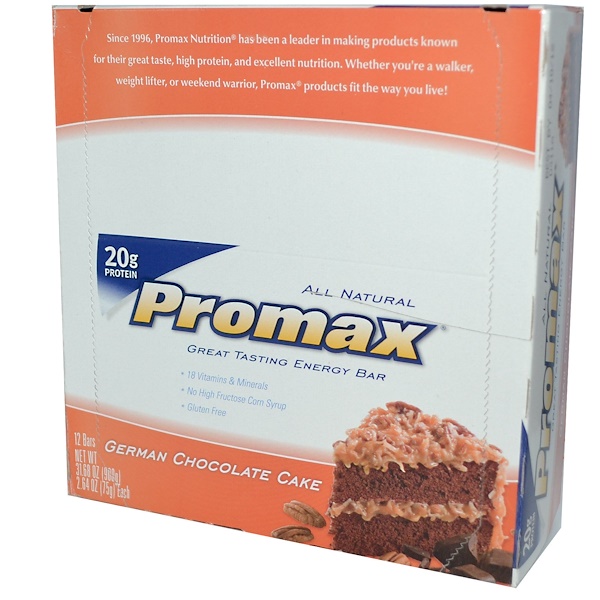 Promax Nutrition, Energy Bar, German Chocolate Cake, 12 Bars, 2.64 oz (75 g) Each  (Discontinued Item) 
