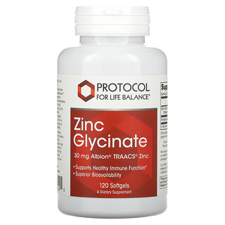Protocol for Life Balance, Глицинат цинка, 30 мг, 120 мягких таблеток