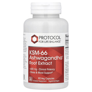 Protocol for Life Balance, Extrato da Raiz de Ashwagandha®, KSM-66, 600 mg, 90 Cápsulas Vegetais