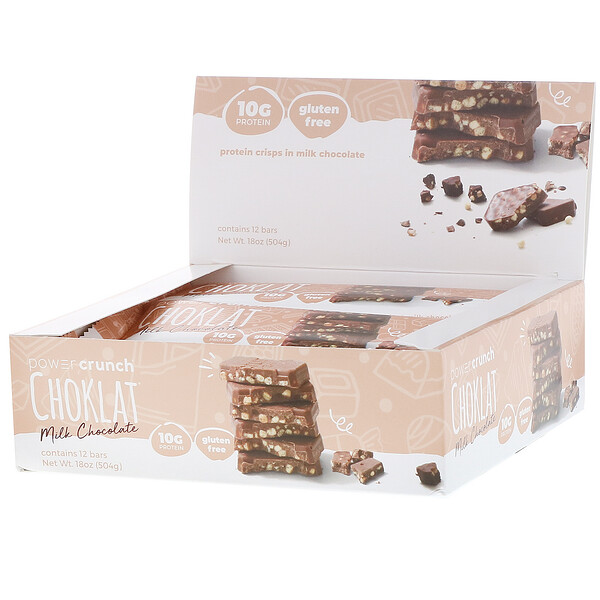 BNRG‏, חטיף אנרגיית חלבון Power Crunch, Choklat, שוקולד חלב, 12 חטיפים, 42 גרם כל אחד
