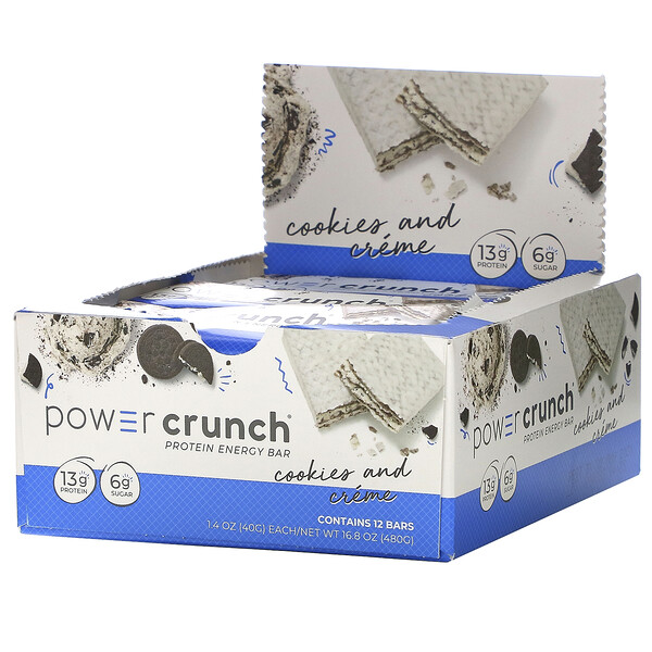 BNRG‏, חטיף אנרגיית חלבון Power Crunch, מקורי, עוגיות וקרם, 12 חטיפים, 40 גרם כל אחד.