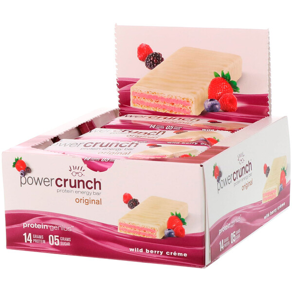 BNRG‏, חטיף אנרגיית חלבון Power Crunch, קרם פירות יער, 12 חטיפים, 40 גרם כל אחד.