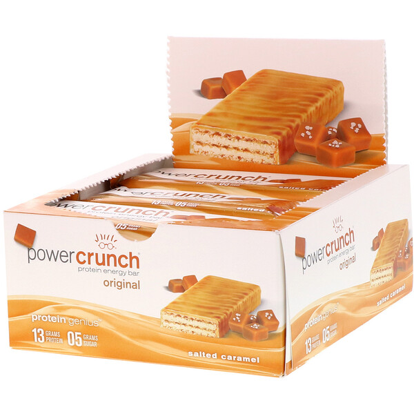BNRG‏, חטיף האנרגיה המכיל חלבון המקורי של Power Crunch, קרמל מלוח, 12 חטיפים, 40 גרם (1.4 אונקיות) ליחידה